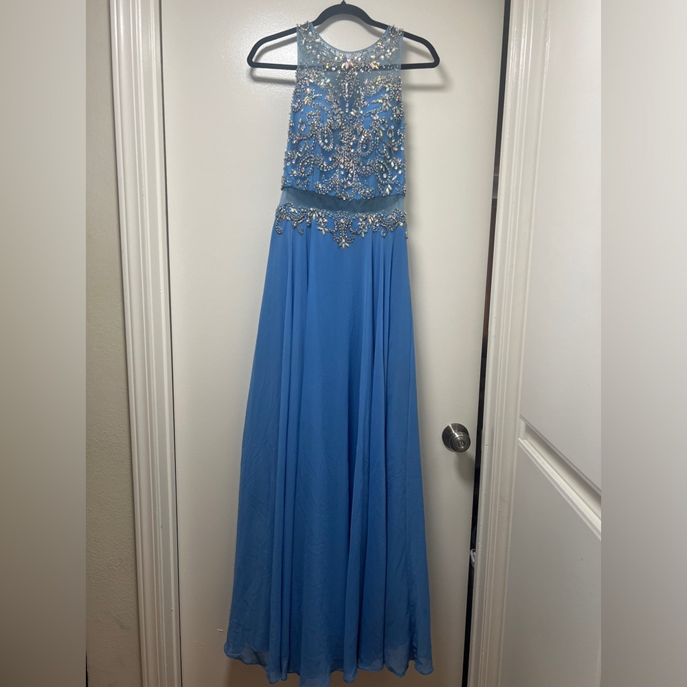 Mock Two Piece Rhinestones Beaded Blue Long Evening Gown Prom dress